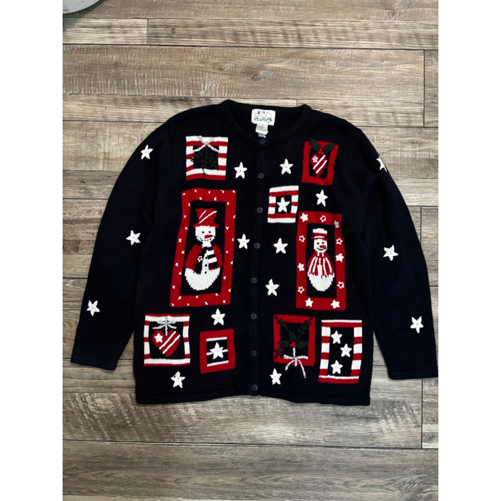 Quacker Factory Patriotic Snowman Vintage Holiday Cardigan – Medium